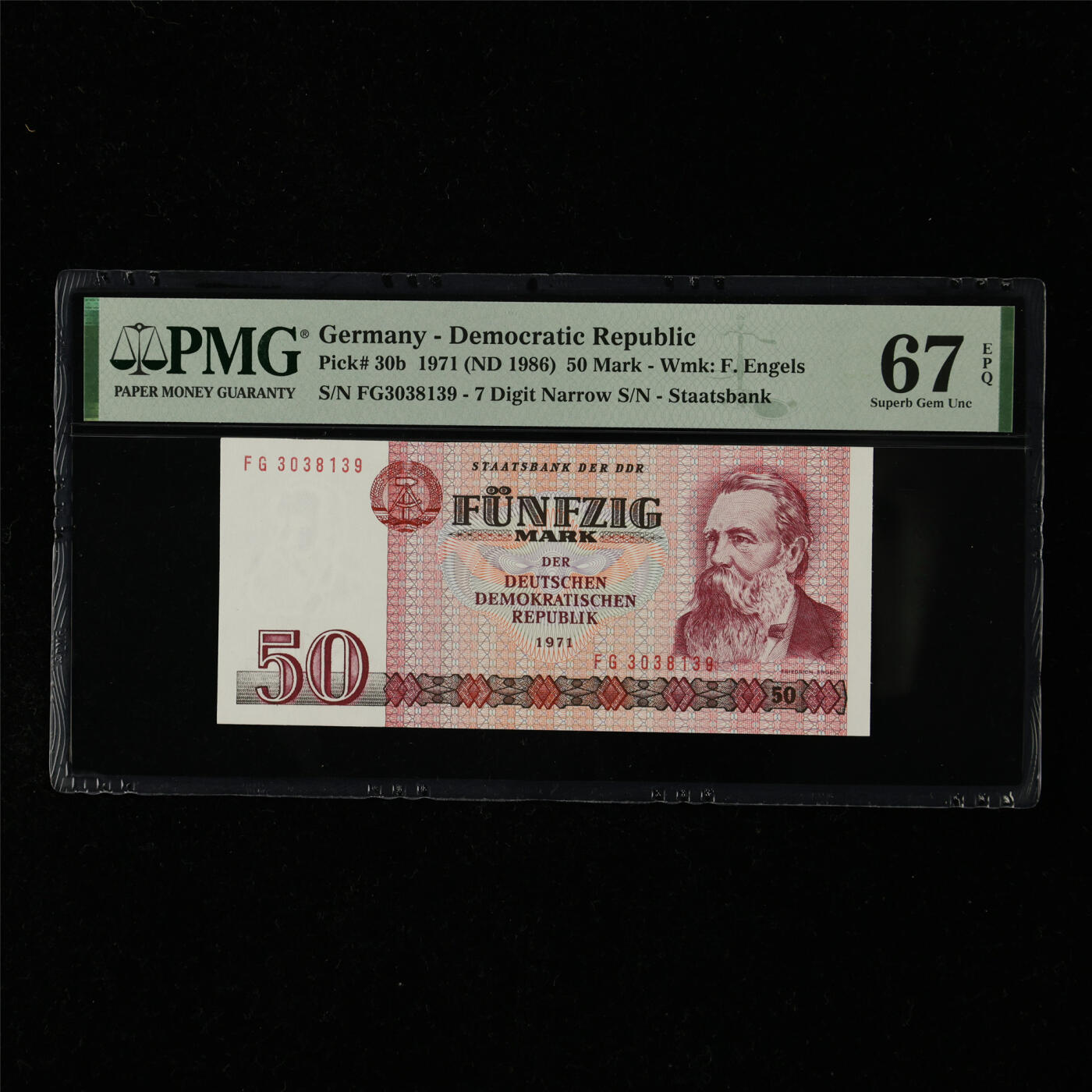 【亘邦集藏】第218期拍卖 1971年 德国50马克 PMG 67EPQ FG3038139