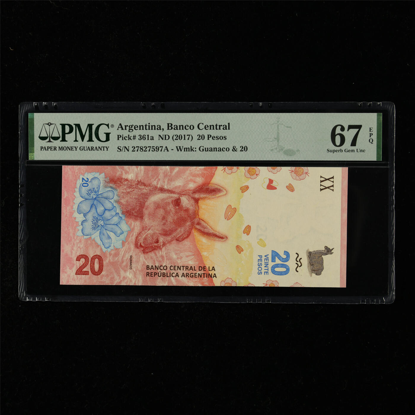 【亘邦集藏】第218期拍卖 2017年 阿根廷20比索 PMG 67EPQ 27827597A