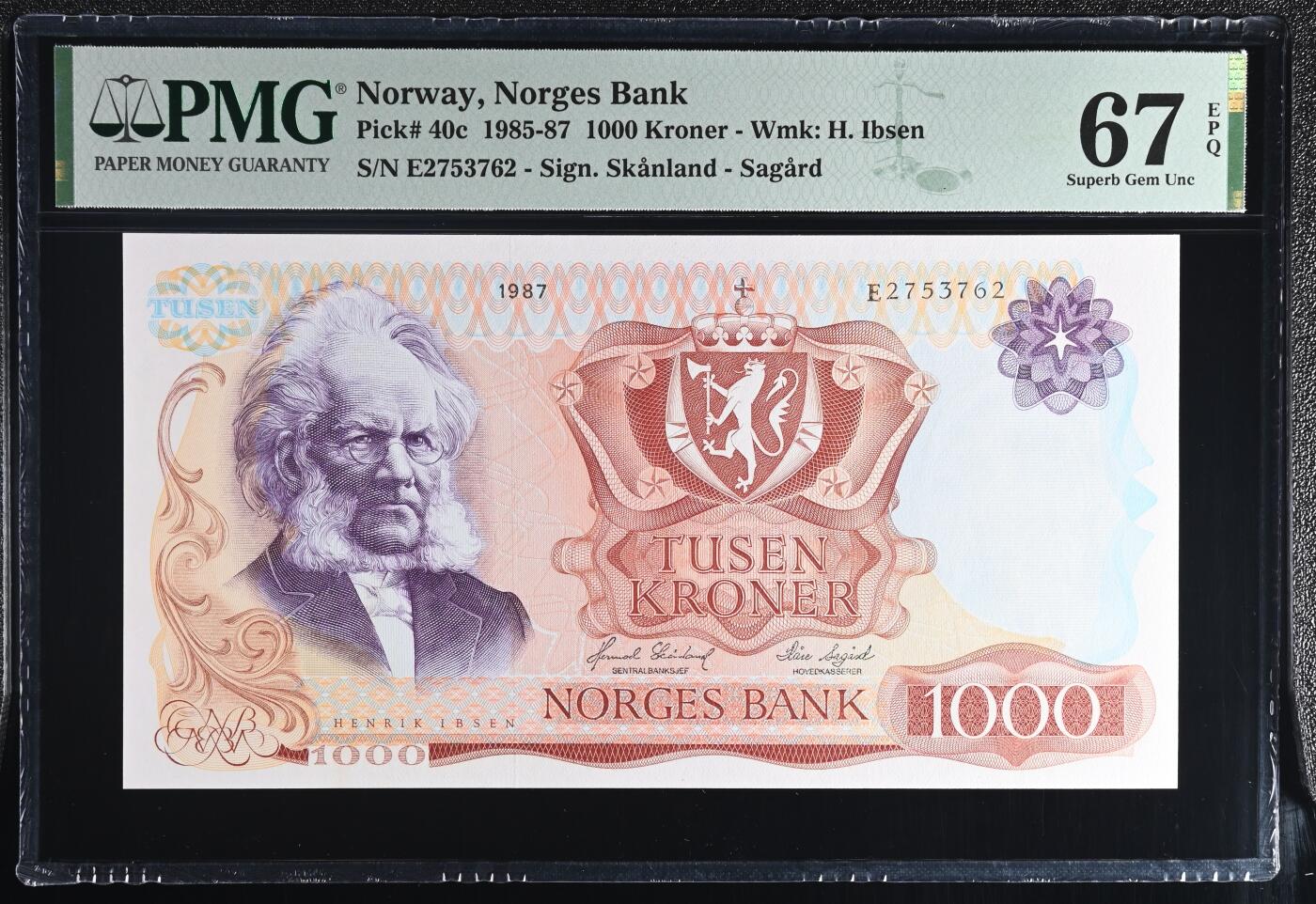 🐍甜小邱世界纸币收藏🐍第138期精品场💐 冠军分！PMG67 挪威 1000克朗 易卜生 1987