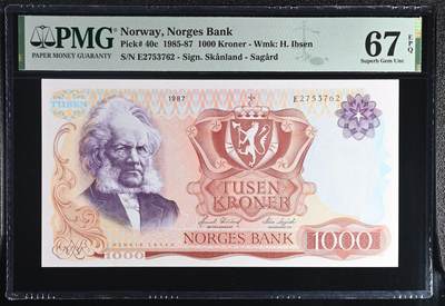 🐍甜小邱世界纸币收藏🐍第138期精品场💐 - 冠军分！PMG67 挪威 1000克朗 易卜生 1987