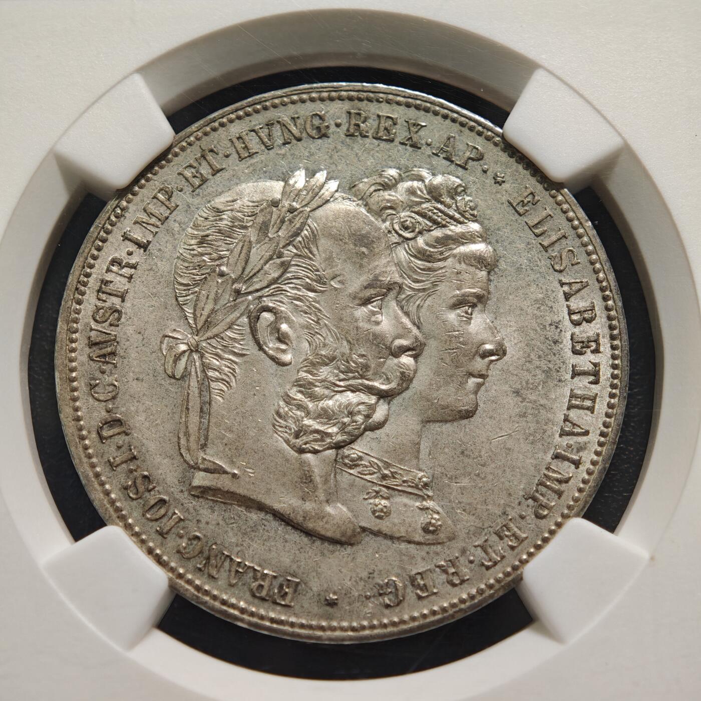 【德藏】世界币章拍卖第159期(元旦专场拍卖) 1879年 奥匈帝国弗朗茨·约瑟夫一世与伊丽莎白皇后银婚纪念5弗罗林银币  NGC MS62 原光俱在 状态极佳