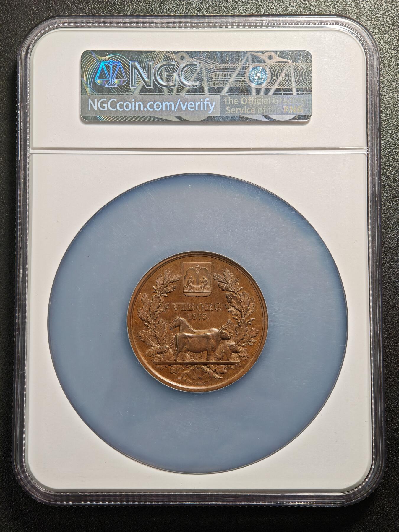 【德藏】世界币章拍卖第159期(元旦专场拍卖) 1875年 丹麦维堡全国农民代表大会48mm纪念大铜章 NGC MS64BN 立体感极强