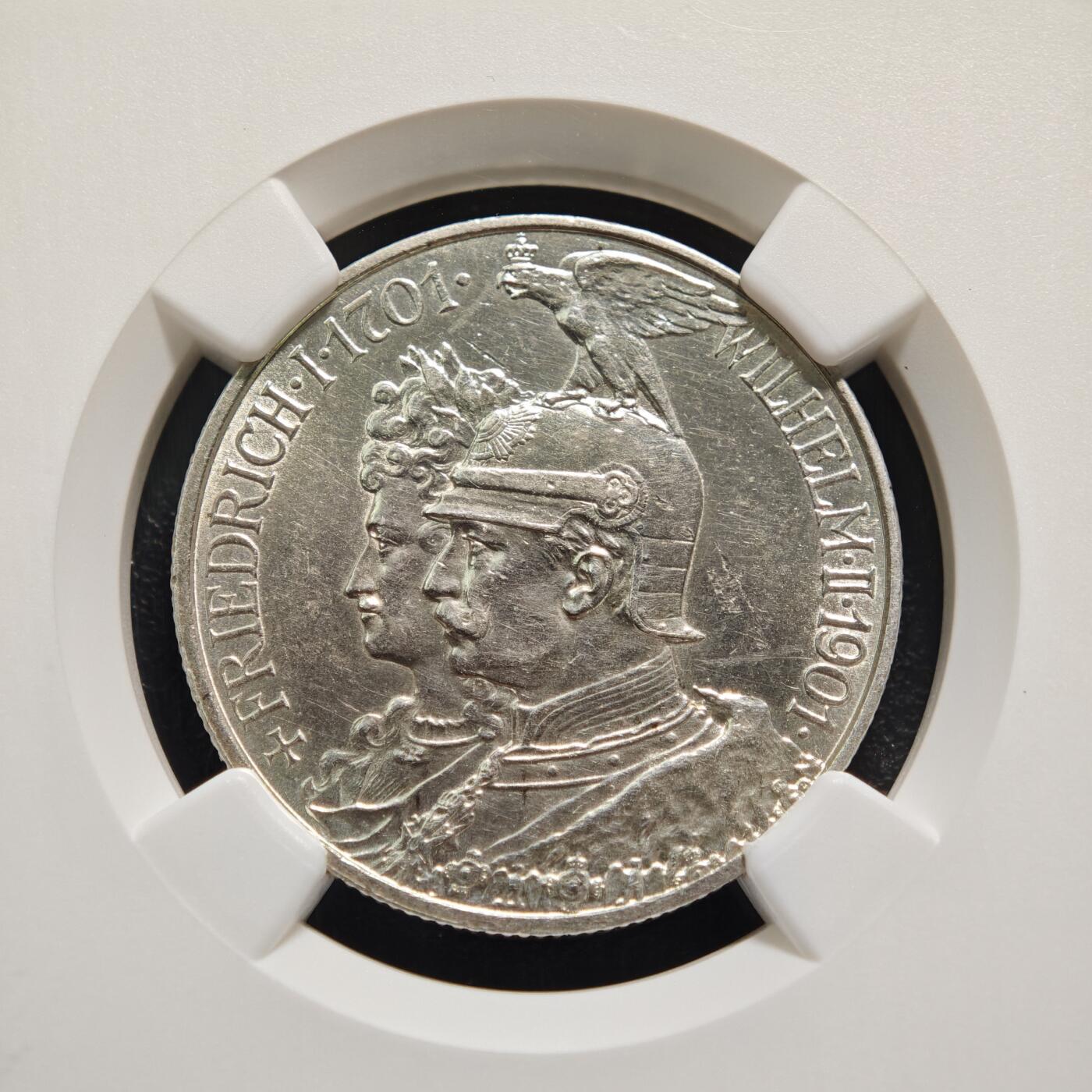 【德藏】世界币章拍卖第159期(元旦专场拍卖) 1901年 德国普鲁士建国200周年2马克银币 NGC UNC 未流通状态