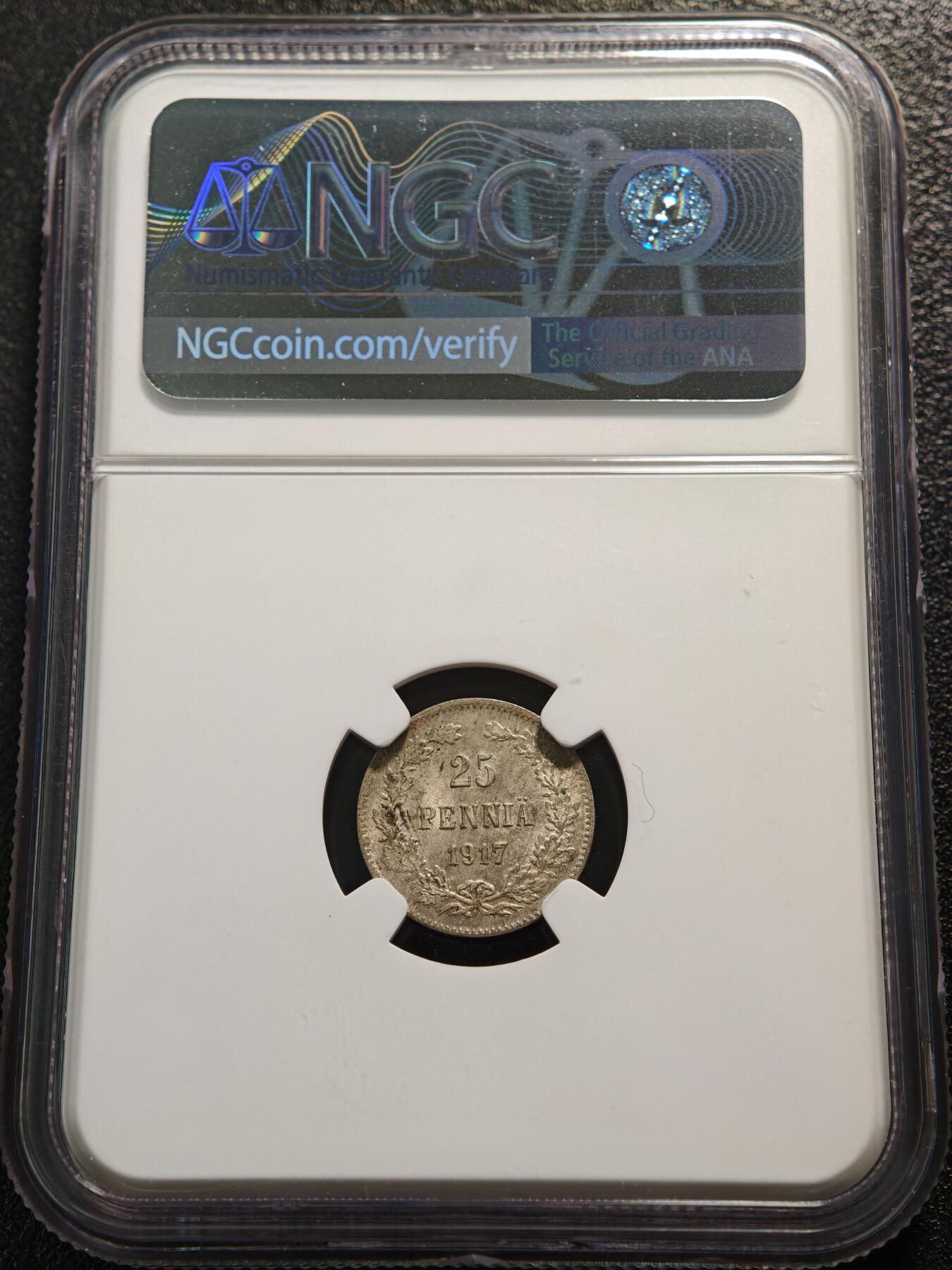 【德藏】世界币章拍卖第159期(元旦专场拍卖) 1917年 俄属芬兰大公国25芬尼银币 NGC MS65 原味淡黄油包浆