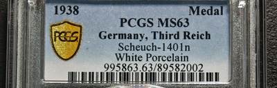 【德藏】世界币章拍卖第159期(元旦专场拍卖) - 1938年 德国民族社会主义工人党德累斯顿年度展览白色陶瓷纪念张 少见品种 PCGS MS63 （原图请查询PCGS评级官网）