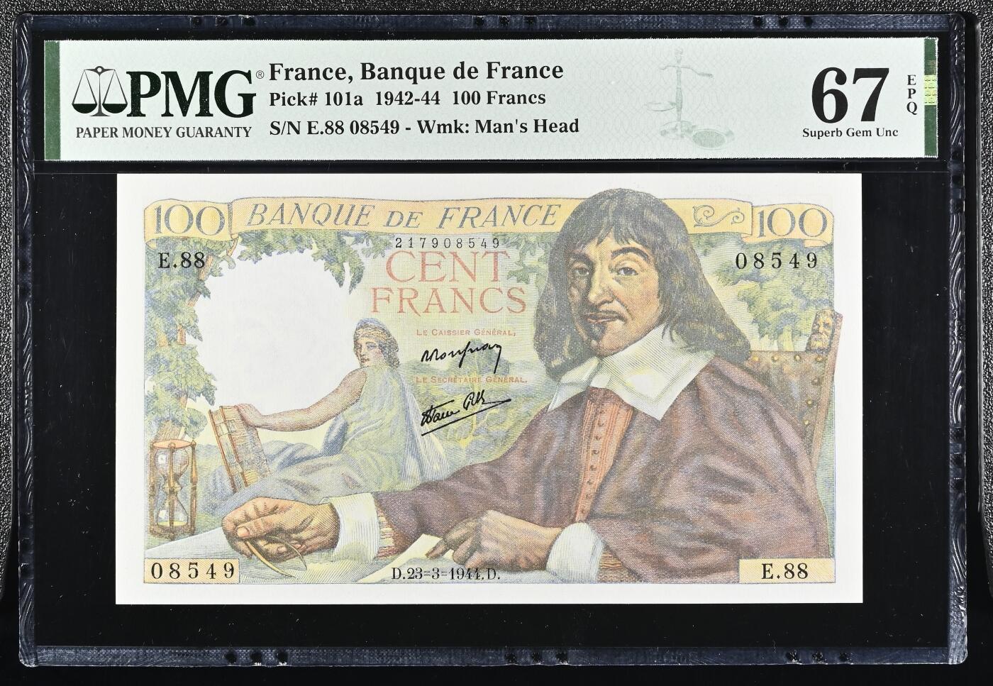 🐍甜小邱世界纸币收藏🐍第138期精品场💐 PMG67 法国 100法郎 伏尔泰 a版 1942