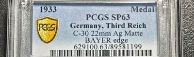 【德藏】世界币章拍卖第159期(元旦专场拍卖) - 1933年 德国民族社会主义工人党党首执政纪念锁链鹰银章 少见金模银样 PCGS SP63 原味深包浆（原图请查询PCGS评级官网）