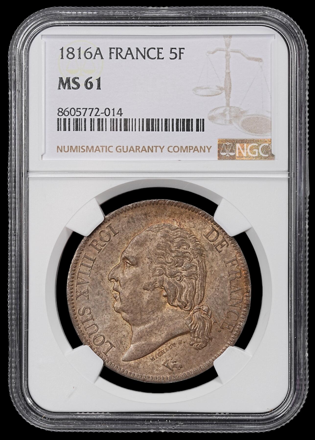 修遠堂世界钱币第九十九期 NGC MS61 1816年路易十八5法郎大银币 A厂铭 入骨五彩包浆味道一流