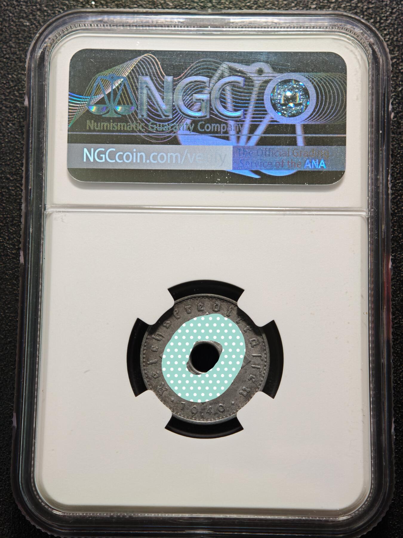 【德藏】世界币章拍卖第159期(元旦专场拍卖) 1940年 德国民族社会主义工人党中孔10芬尼 NGC AU55 好品相 保存不易 （原图请查询NGC评级官网）