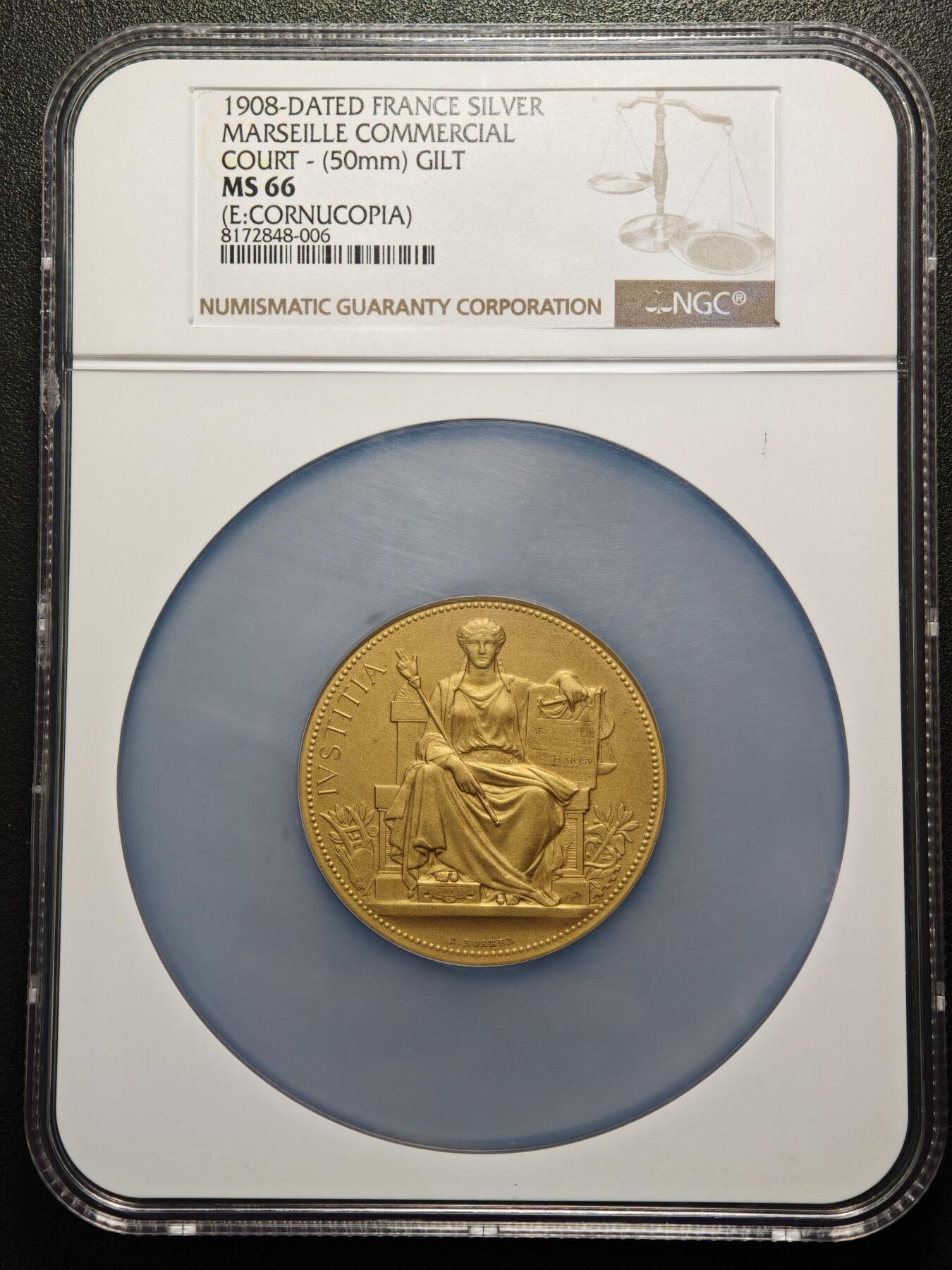 【德藏】世界币章拍卖第159期(元旦专场拍卖) 1908年 法国马赛商业法院授予伊万·朗帕尔司法镀金奖章50mm纪念银章 NGC MS66 金水十足 品相极佳