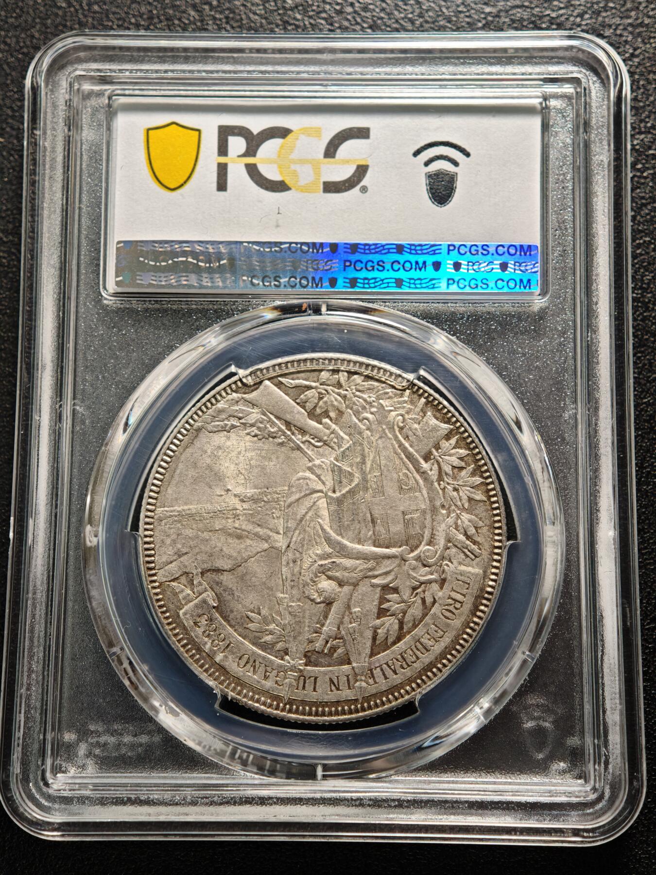 【德藏】世界币章拍卖第159期(元旦专场拍卖) 1883年 瑞士提契诺州卢加诺联邦射击节5法郎纪念银币 PCGS MS62 原味包浆 品相极佳