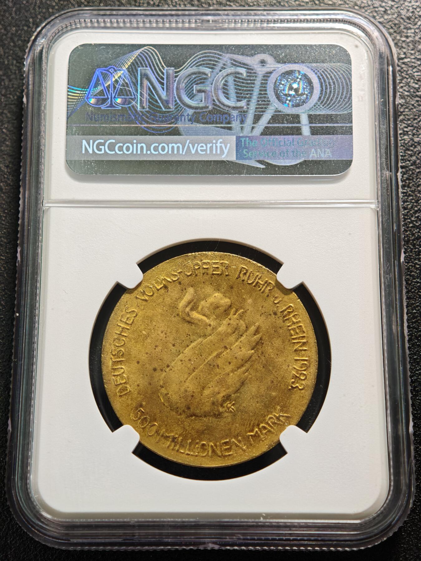 【德藏】世界币章拍卖第159期(元旦专场拍卖) 1923年 德国德紧时期鲁尔与莱茵地区5亿马克镀金铜币 名家卡尔歌茨作品 NGC MS63 原光十足