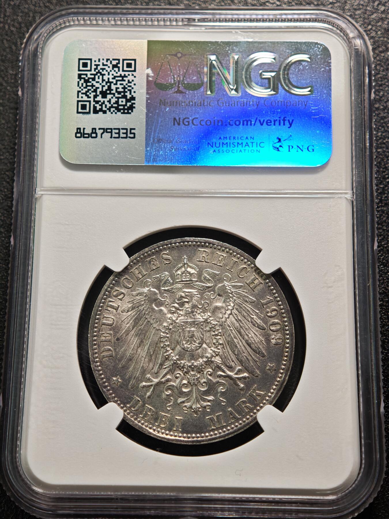 【德藏】世界币章拍卖第159期(元旦专场拍卖) 1909年 德国巴伐利亚奥托3马克银币 NGC UNC 未流通状态