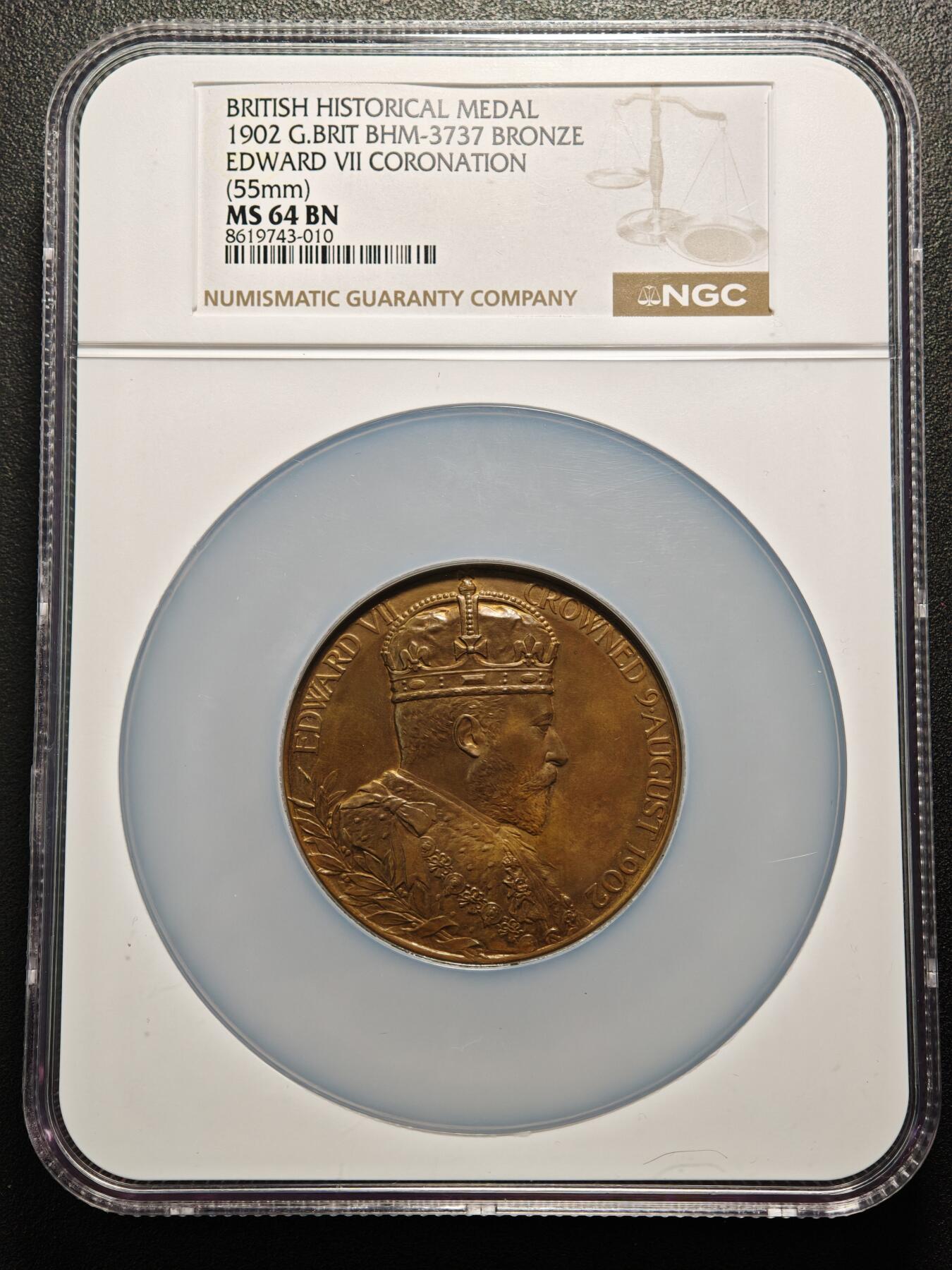 【德藏】世界币章拍卖第159期(元旦专场拍卖) 1902年 英国爱德华七世加冕55mm纪念大铜章 NGC MS64BN 经典品种 状态一流