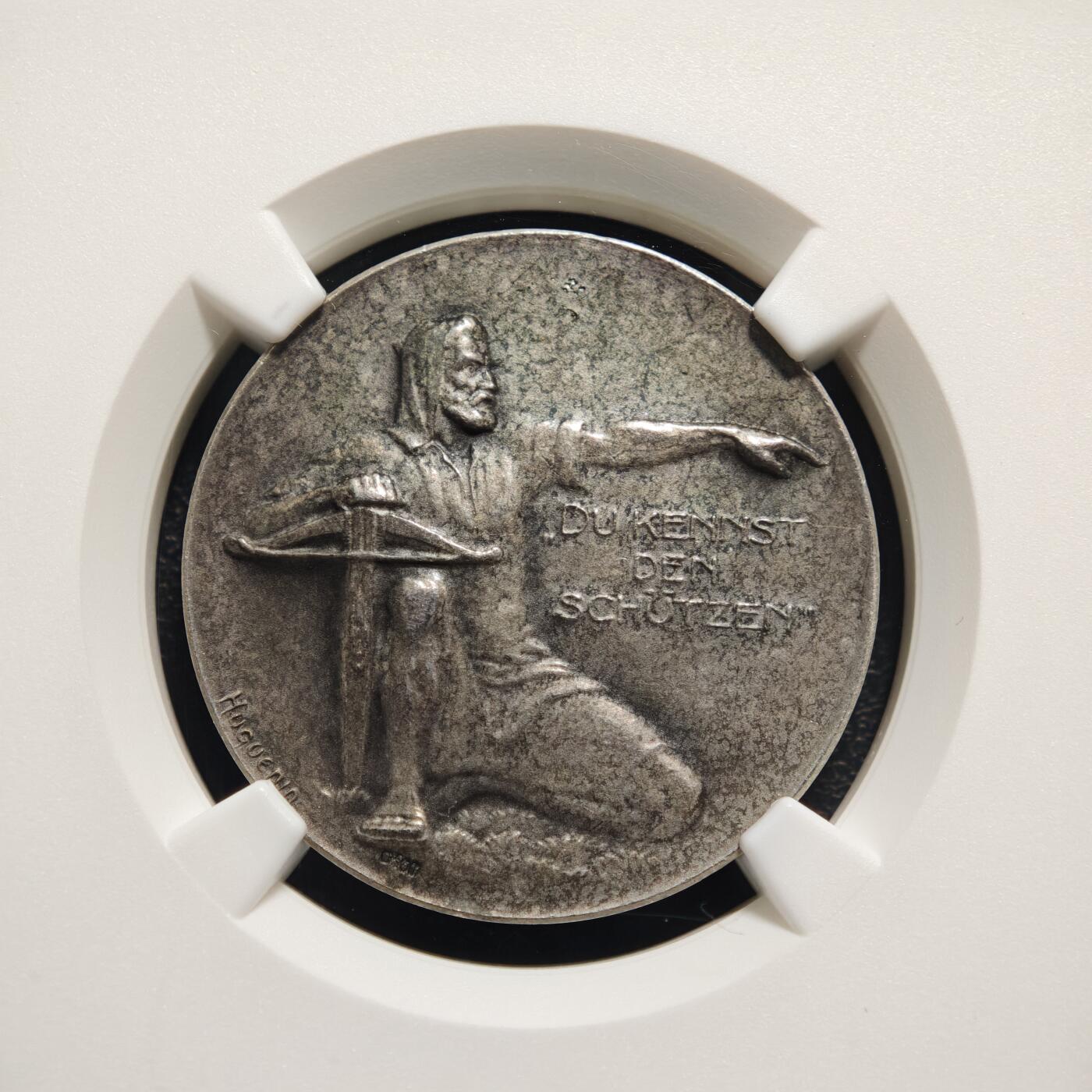 【德藏】世界币章拍卖第159期(元旦专场拍卖) 1924年 瑞士阿尔高州阿劳射击节银章 磨砂质感 鹰徽细腻 整体包浆搭配图案映衬出十足朦胧感 NGC MS64