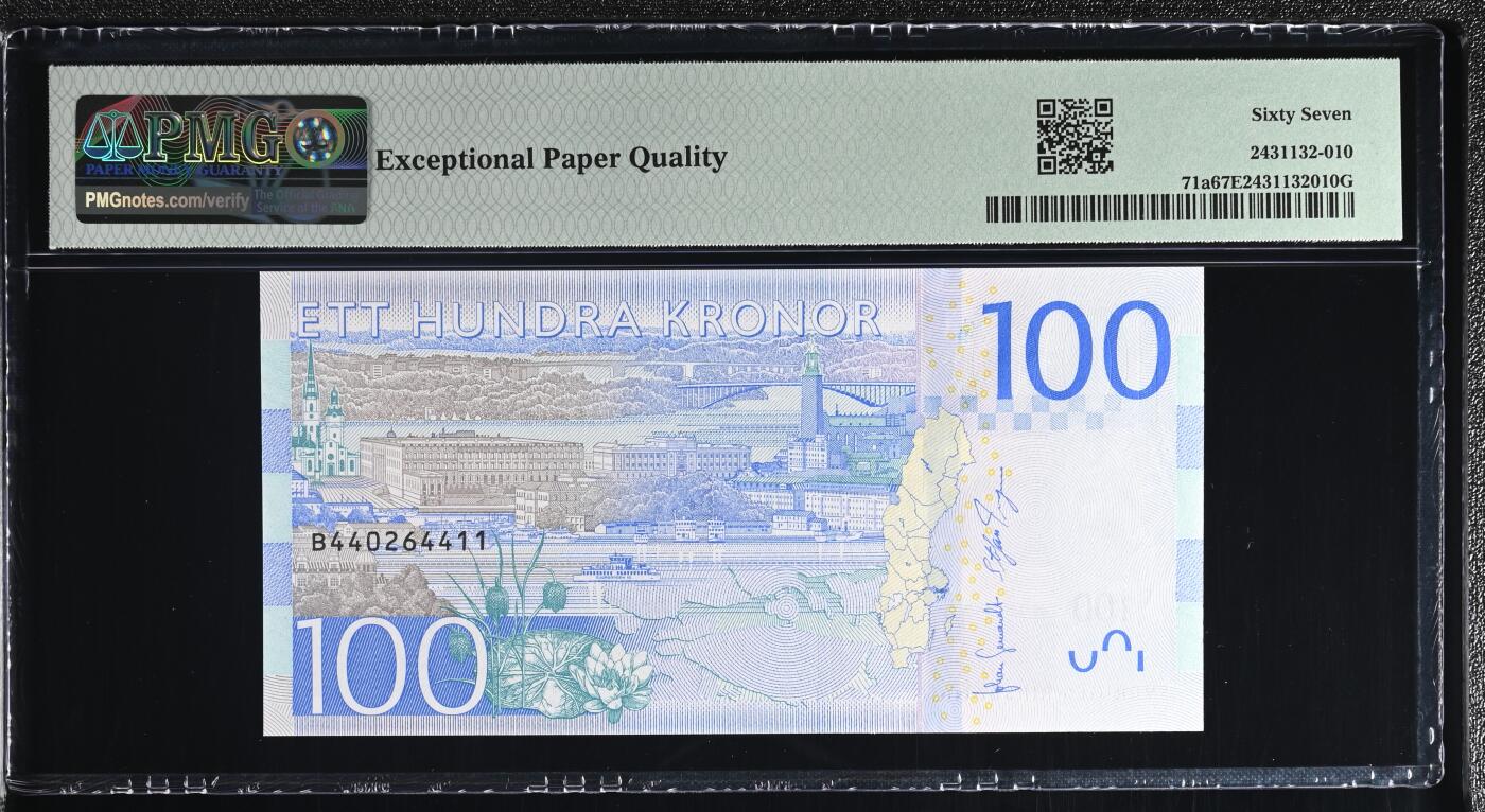 🐍甜小邱世界纸币收藏🐍第138期精品场💐 稀少首发冠B a版 亚军分！ PMG67 瑞典 100克朗 奥斯卡影后 葛丽泰嘉宝 2016