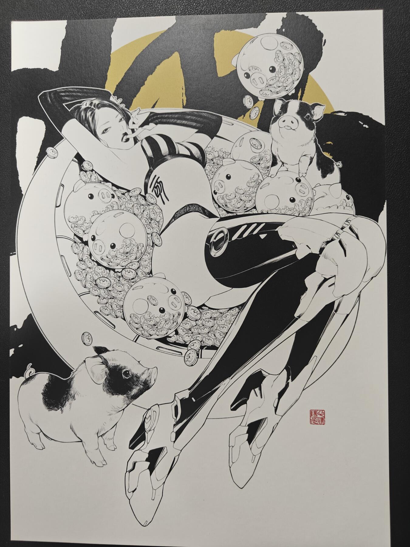 天玑星卡拍第155期《12.29年终场周一截拍》持续收拍收评中 满赠卡需备注 【签绘复制画】田宇 十二生肖 机甲美人 猪 A4复制画