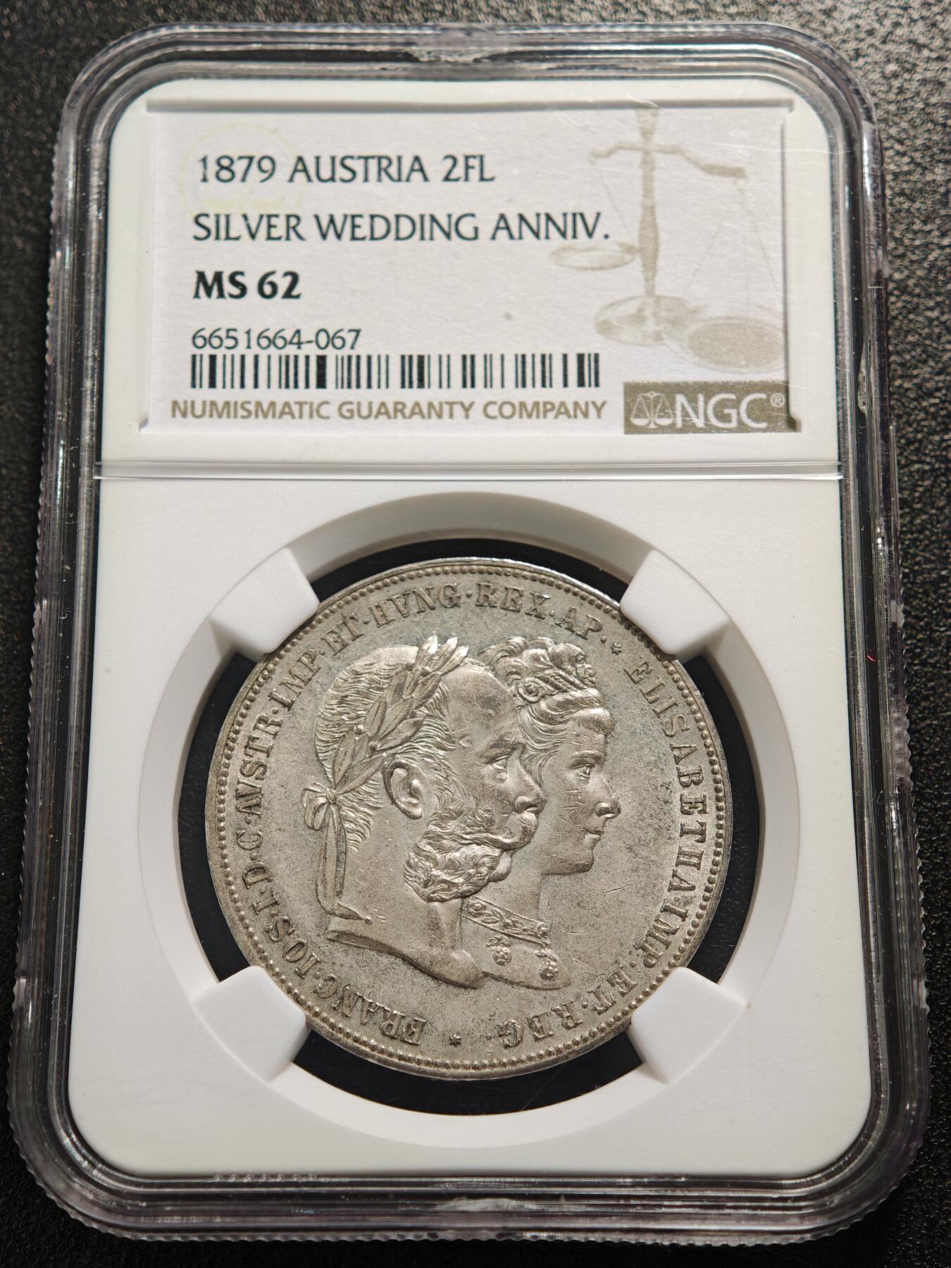 【德藏】世界币章拍卖第159期(元旦专场拍卖) 1879年 奥匈帝国弗朗茨·约瑟夫一世与伊丽莎白皇后银婚纪念5弗罗林银币  NGC MS62 原光俱在 状态极佳