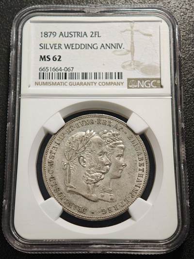 【德藏】世界币章拍卖第159期(元旦专场拍卖) - 1879年 奥匈帝国弗朗茨·约瑟夫一世与伊丽莎白皇后银婚纪念5弗罗林银币  NGC MS62 原光俱在 状态极佳