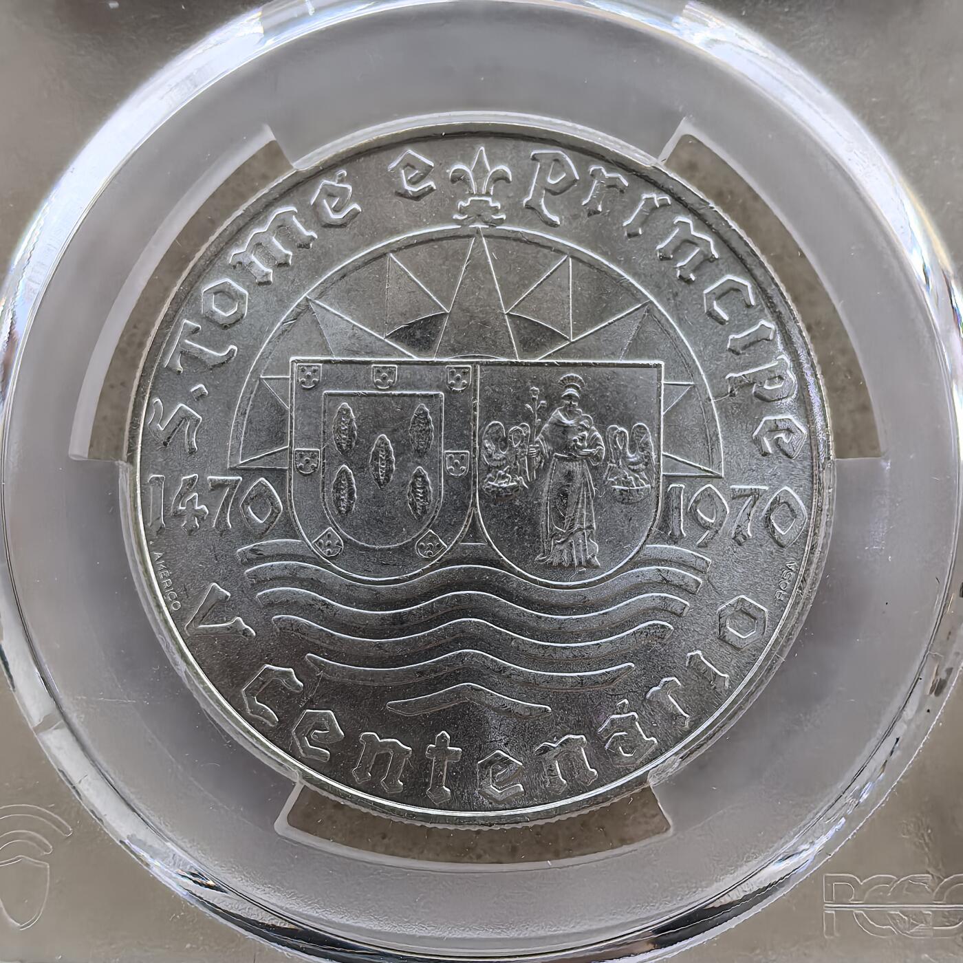 道一币馆币章第一百六十场 PCGS MS67 圣多美和普林比西1970年岛屿被发现500周年50埃斯库多银币 亚军分