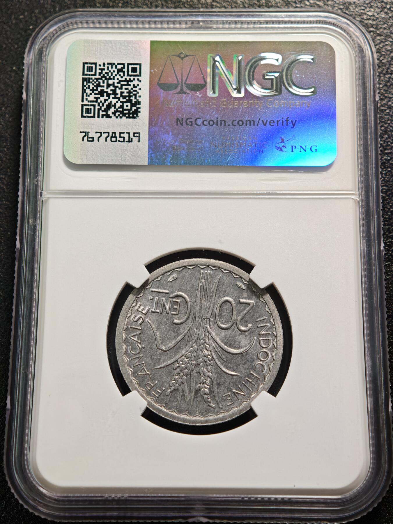 【德藏】世界币章拍卖第159期(元旦专场拍卖) 1945年 法属印度支那20分铝币 NGC MS64 状态极佳