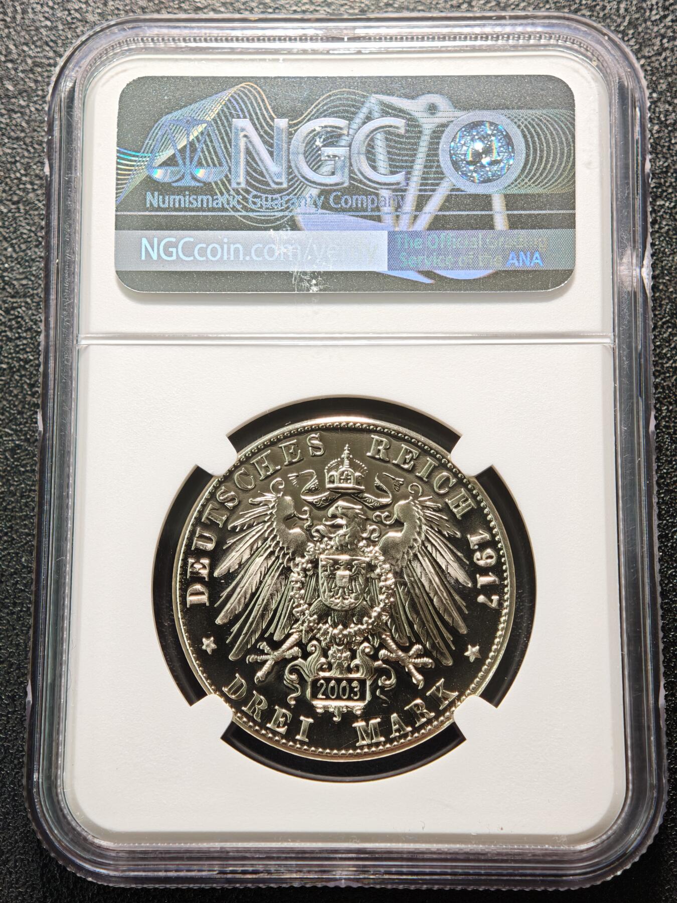 【德藏】世界币章拍卖第159期(元旦专场拍卖) 1917年 德国萨克森魏玛艾森纳赫邦马丁·路德宗教改革400周年3马克精制纪念银币 后铸 NGC PF69C 镜面十足