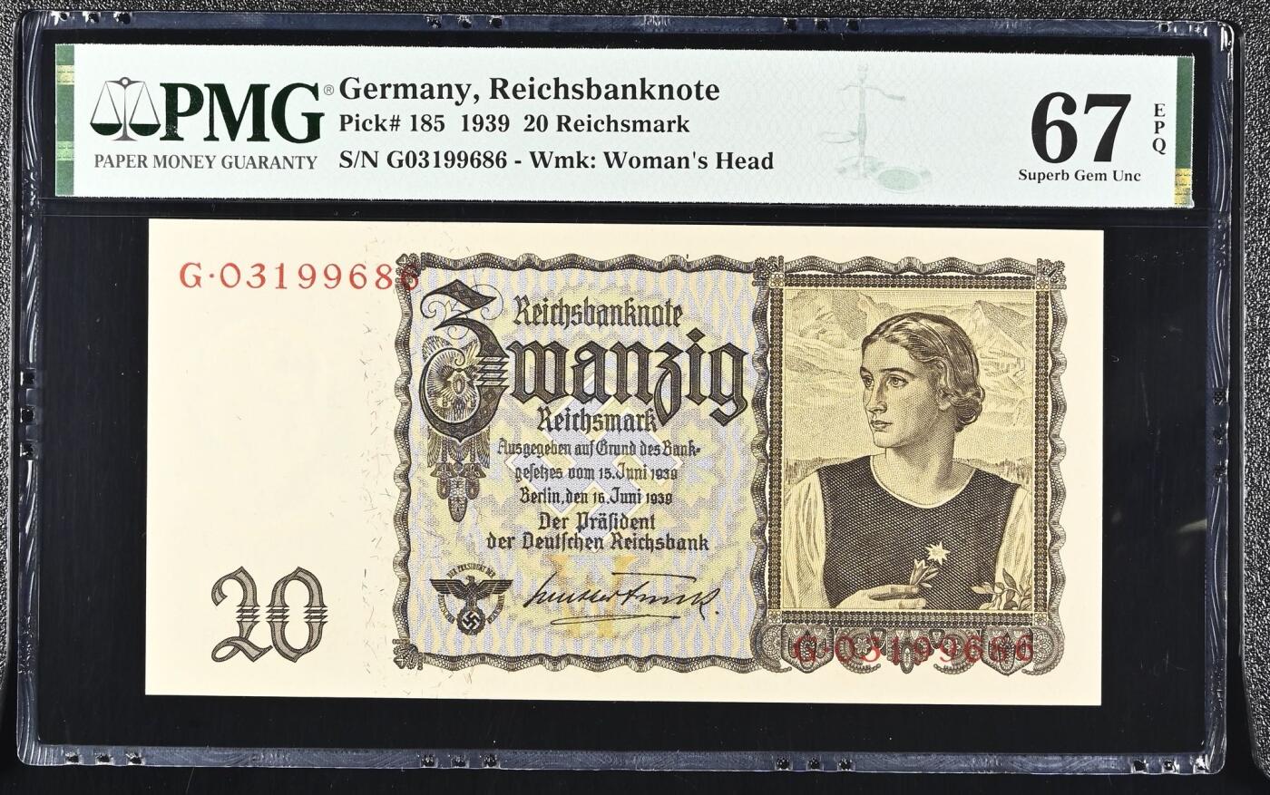 🐍甜小邱世界纸币收藏🐍第138期精品场💐 亚军分！无47靓号 PMG67 德国 20帝国马克 1939