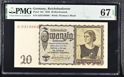 🐍甜小邱世界纸币收藏🐍第138期精品场💐 - 【亚军分！】无47靓号 PMG67 德国 20帝国马克 1939