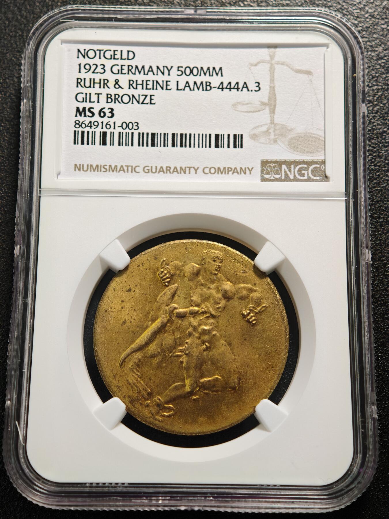 【德藏】世界币章拍卖第159期(元旦专场拍卖) 1923年 德国德紧时期鲁尔与莱茵地区5亿马克镀金铜币 名家卡尔歌茨作品 NGC MS63 原光十足