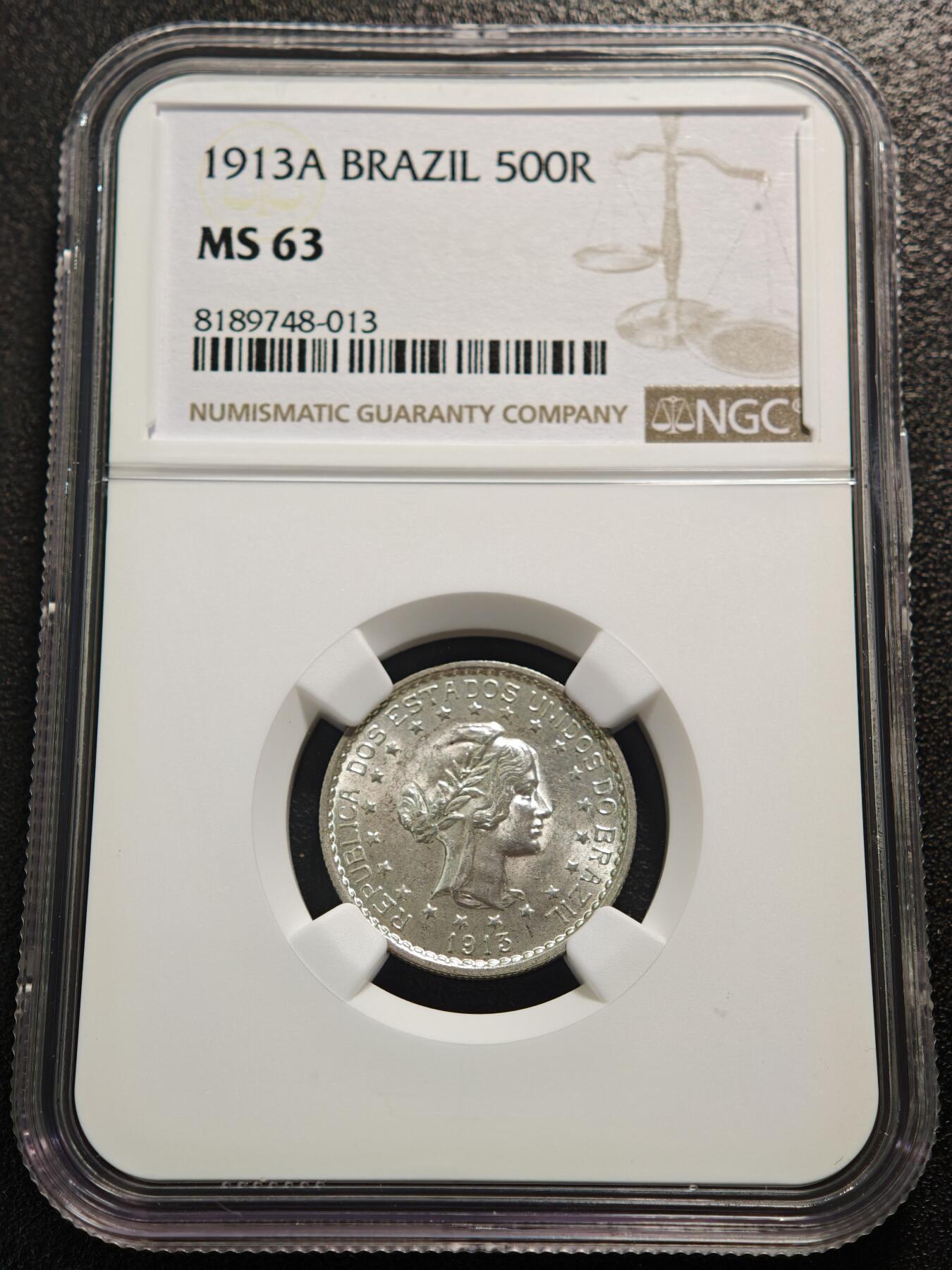 【德藏】世界币章拍卖第159期(元旦专场拍卖) 1913年 巴西500瑞斯银币 NGC MS63 原光十足