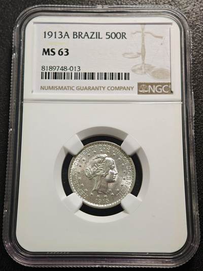 【德藏】世界币章拍卖第159期(元旦专场拍卖) - 1913年 巴西500瑞斯银币 NGC MS63 原光十足