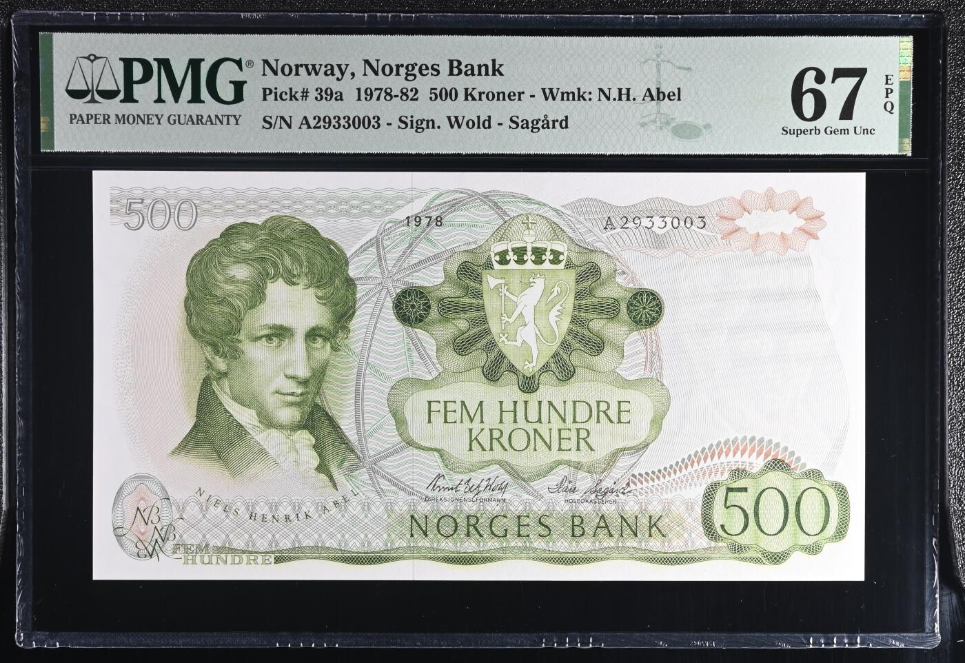 🐍甜小邱世界纸币收藏🐍第138期精品场💐 冠军分！a版 首发冠A 无47靓号 PMG67 挪威 500克朗 阿贝尔 1978