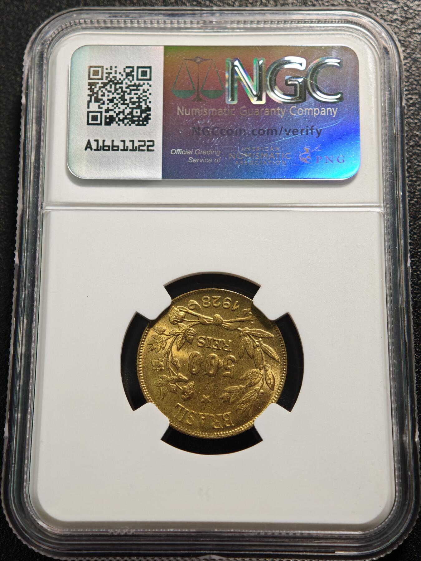【德藏】世界币章拍卖第159期(元旦专场拍卖) 1928年 巴西500瑞斯铜币 NGC MS64 原光十足