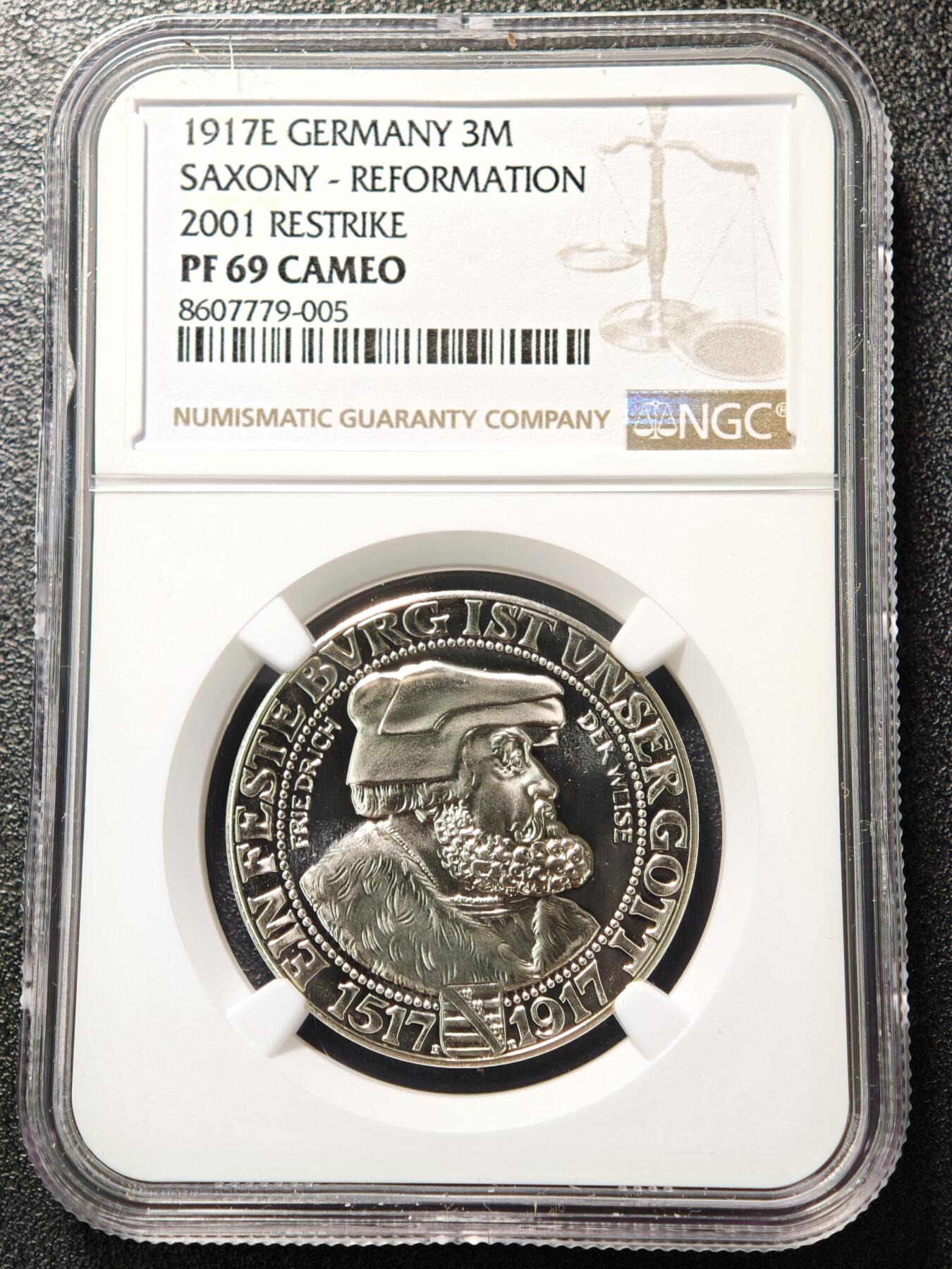 【德藏】世界币章拍卖第159期(元旦专场拍卖) 1917年 德国萨克森魏玛艾森纳赫邦马丁·路德宗教改革400周年3马克精制纪念银币 后铸 NGC PF69C 镜面十足