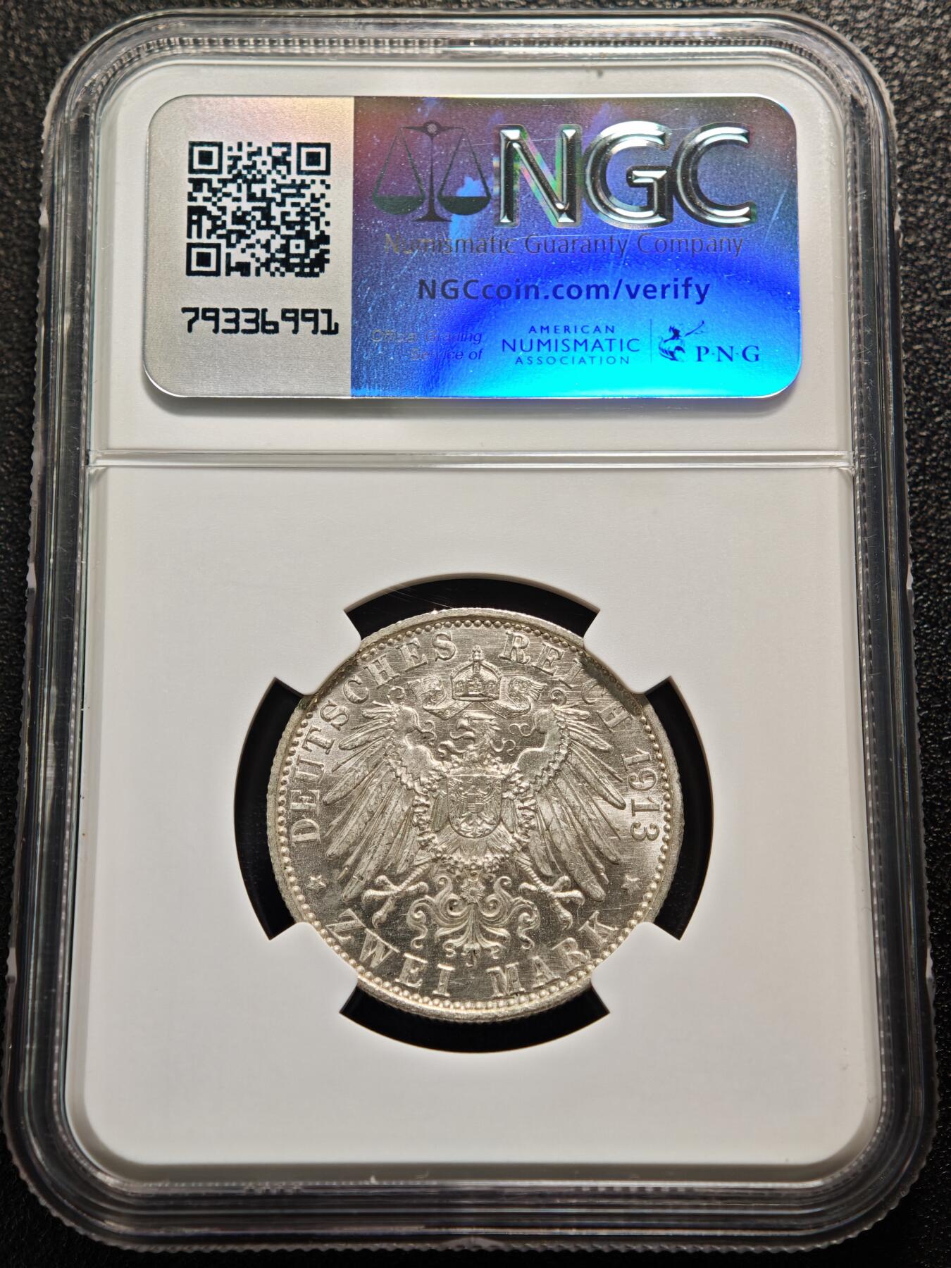 【德藏】世界币章拍卖第159期(元旦专场拍卖) 1913年 德国普鲁士威廉二世军装2马克银币 NGC MS63 原光十足 转光极强