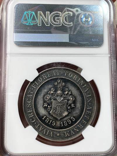 万国钱币拍卖第058期（万国新年大拍） NGC MS62 1893年瑞士索芬根学生联合会成立75周年纪念大银章 正面市政厅景观 背面学生协会盾徽 少见品种原味天鹅绒彩 36MM