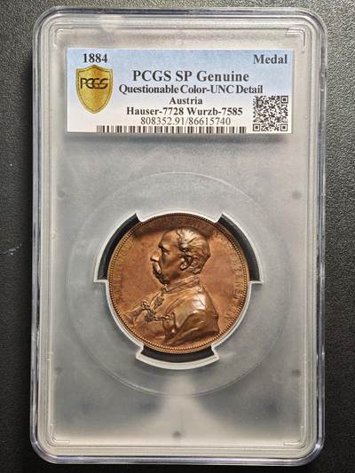 【德藏】世界币章拍卖第159期(元旦专场拍卖) - 1884年 奥地利纪念马耳他骑士团骑士兼大团长大铜章，直径49毫米，重量59.83克，PCGS UNC 正面是阿道夫·波达茨基身穿骑士团制服、佩戴勋章的左侧面肖像，背面是双狮护卫着盾徽和皇冠的图案。双狮设计特别漂亮，是奥地利章牌大师安东·沙夫的作品，铜质精良，品相完好，早期PCGS低评，稀少品种
