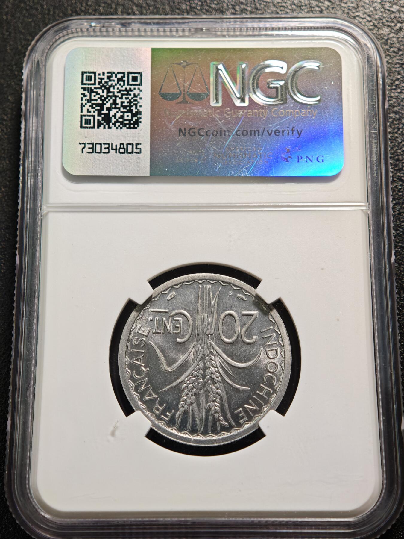 【德藏】世界币章拍卖第159期(元旦专场拍卖) 1945年 法属印度支那20分铝币 NGC MS65 状态极佳