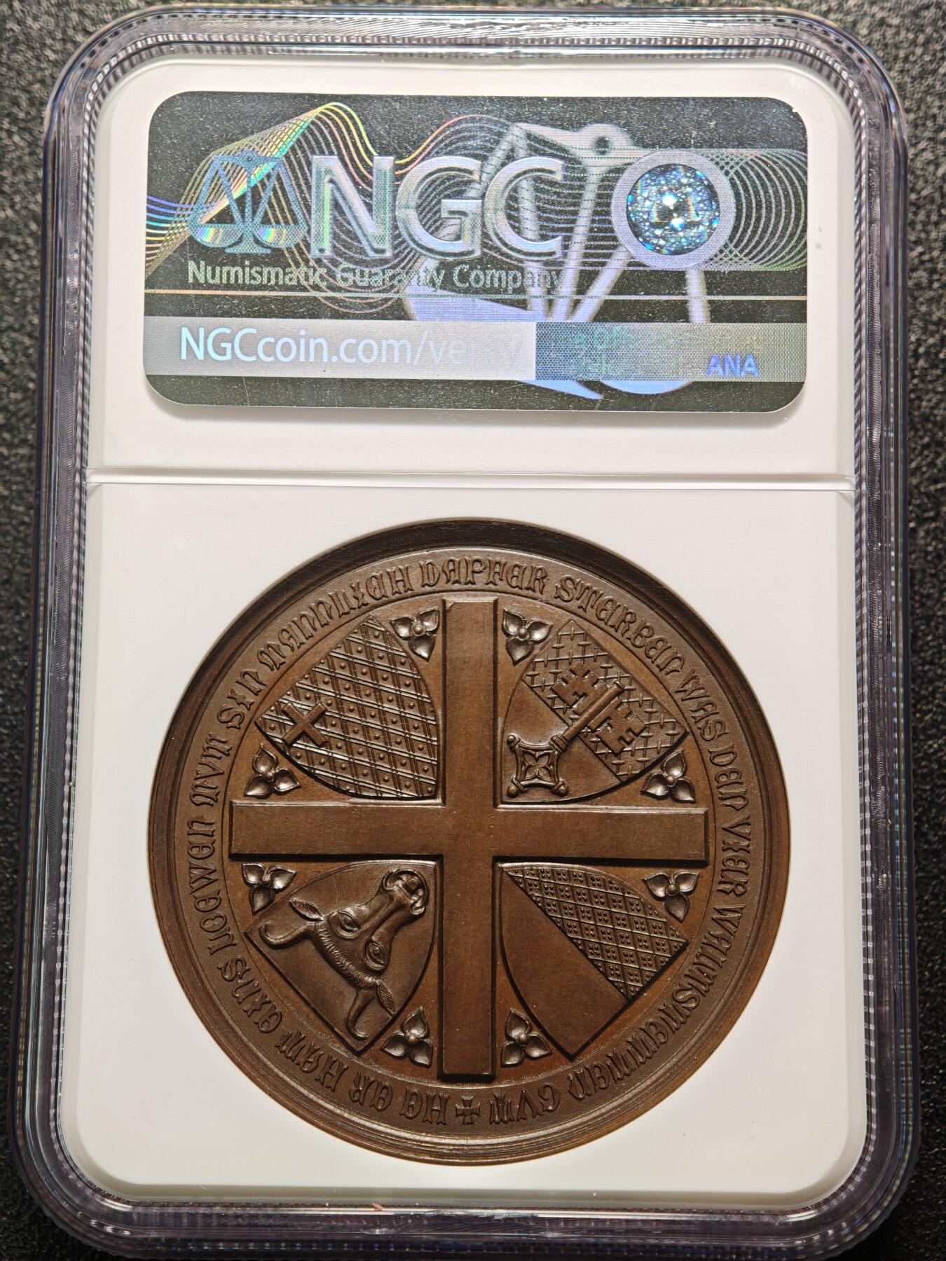 【德藏】世界币章拍卖第159期(元旦专场拍卖) 1886年 瑞士森帕赫战役600周年高浮雕纪念铜章 NGC MS64BN 包浆温润 立体感极强 细节极其丰富