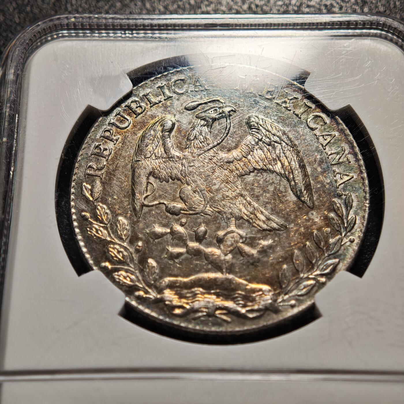 【德藏】世界币章拍卖第159期(元旦专场拍卖) 1896年 墨西哥花边鹰洋8瑞尔银币 NGC MS61 深彩包浆