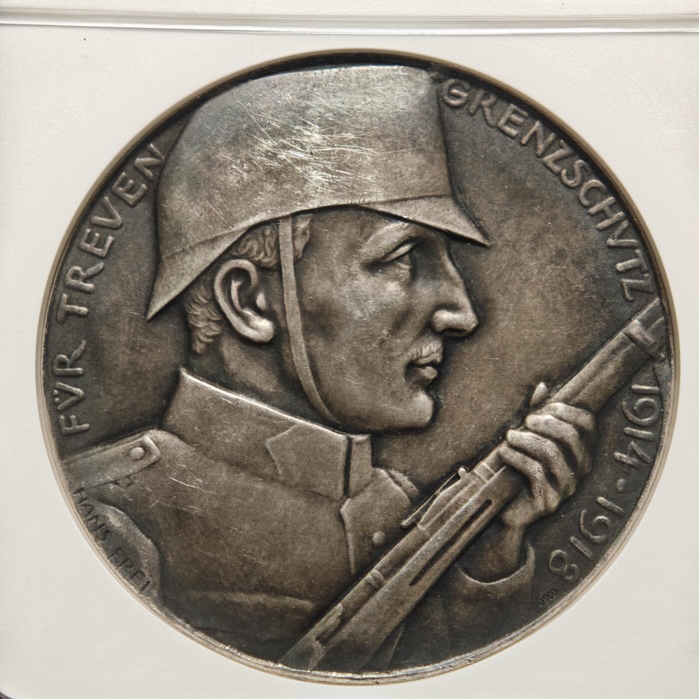 【德藏】世界币章拍卖第159期(元旦专场拍卖) 1920年 瑞士卢塞恩边境守护纪念银章 NGC MS62 深彩包浆 人物传神 少见品种