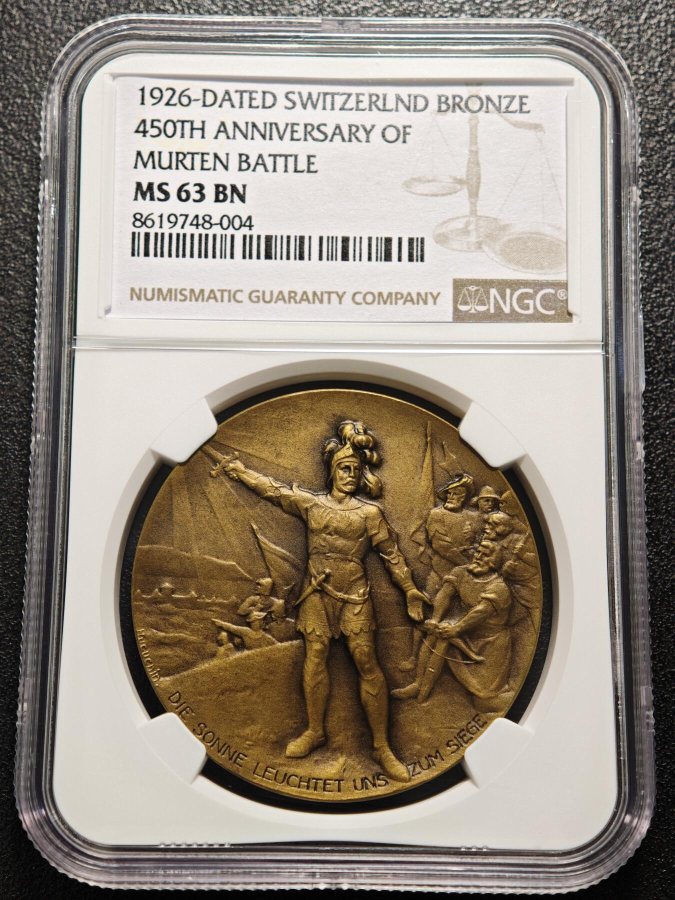 【德藏】世界币章拍卖第159期(元旦专场拍卖) 1926年 瑞士穆尔滕战役450周年纪念铜章 浮雕感极强 人物刻画传神 NGC MS63BN 穆尔滕战役‌是1476年瑞士联邦与勃艮第公国在瑞士穆尔滕地区爆发的关键战役