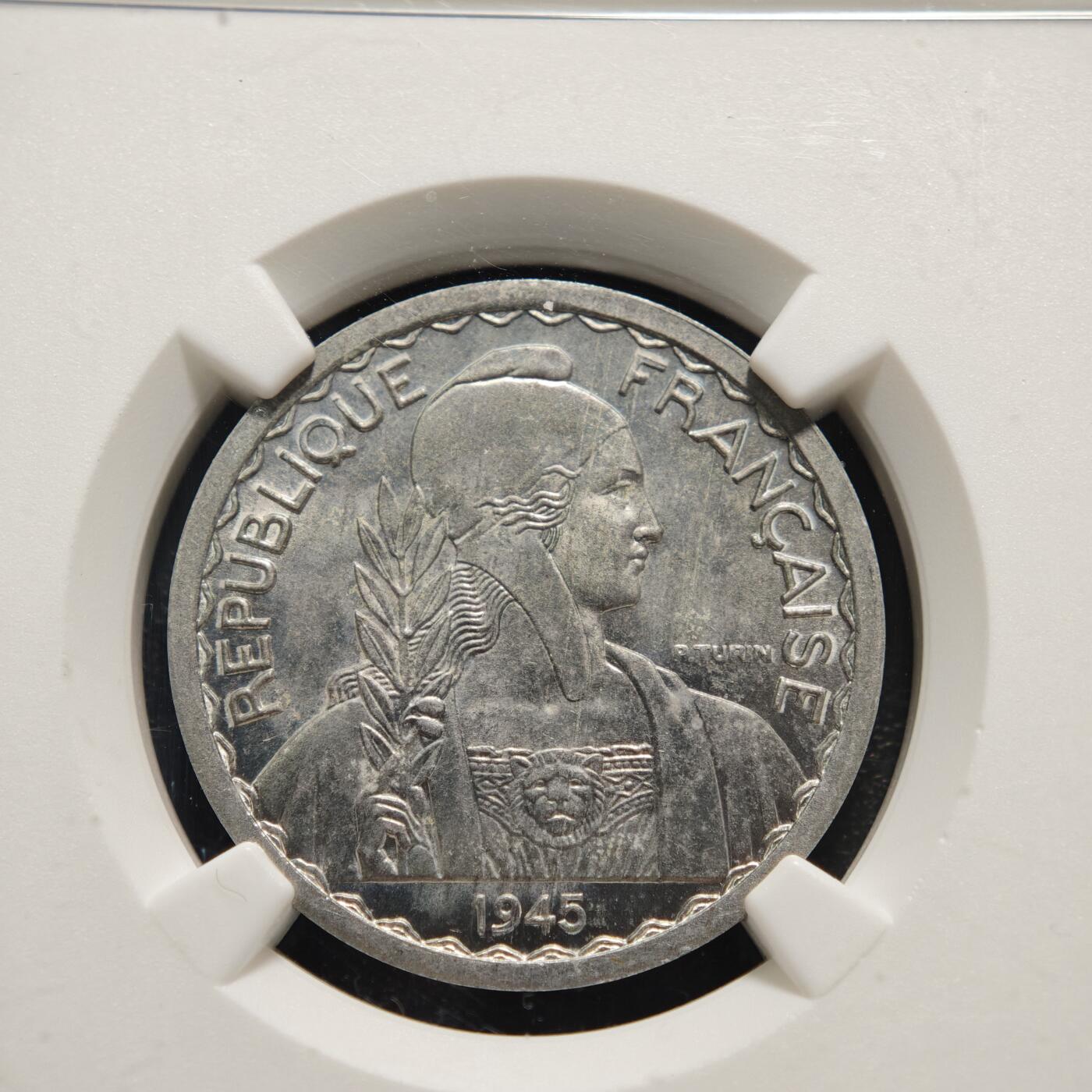 【德藏】世界币章拍卖第159期(元旦专场拍卖) 1945年 法属印度支那20分铝币 NGC MS65 状态极佳