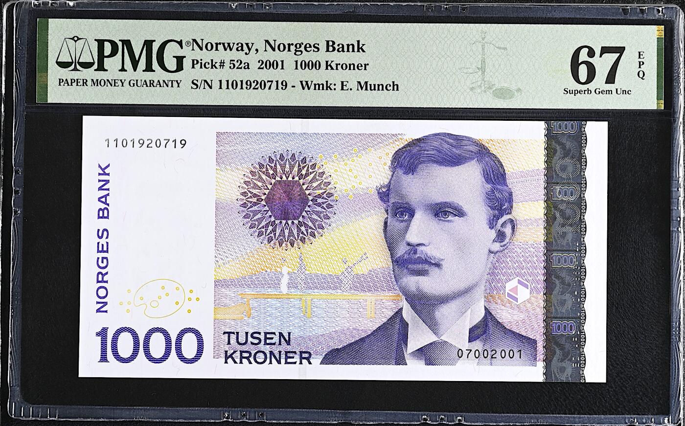 《艾美收藏》第226期-12.28周日外币精品场-蛇年收官 挪威1000克朗 PMG67E 2001年a版 蒙克 无4