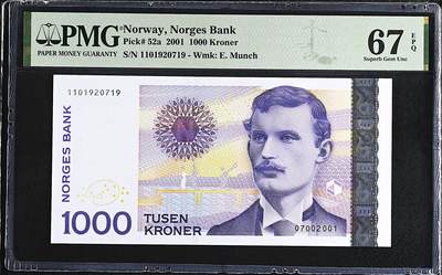 《艾美收藏》第226期-12.28周日外币精品场-蛇年收官 - 挪威1000克朗 PMG67E 2001年a版 蒙克 无4