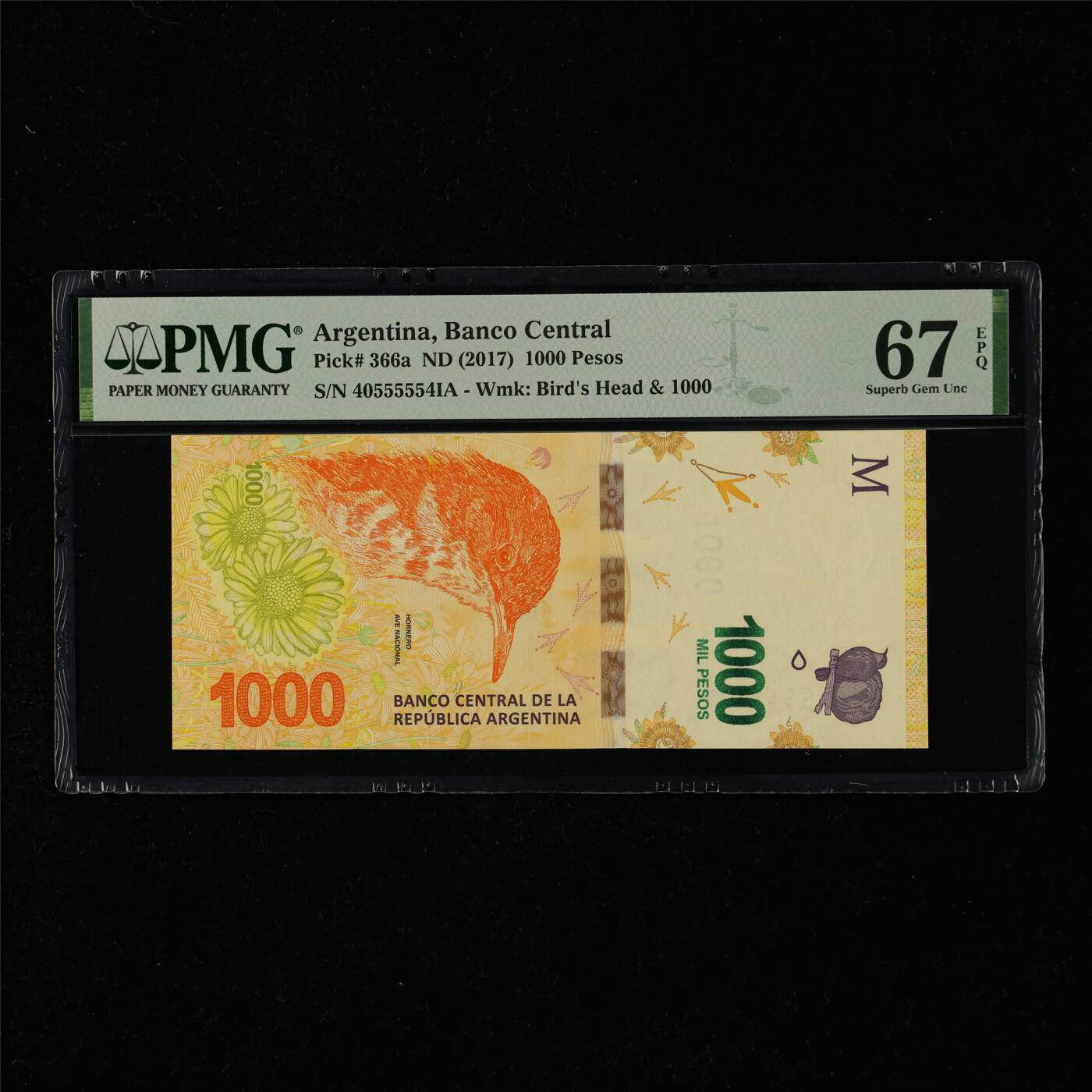 【亘邦集藏】第218期拍卖 2017年 阿根廷1000比索 PMG 67EPQ 40555554IA