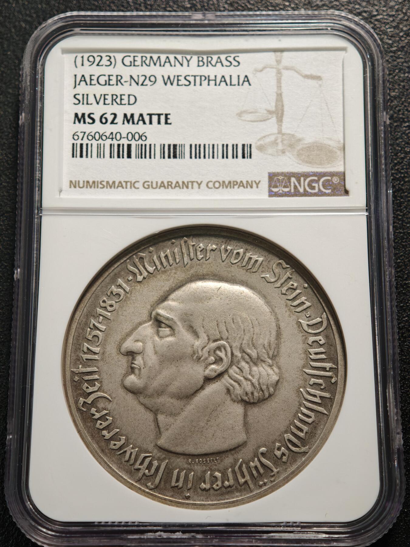 【德藏】世界币章拍卖第159期(元旦专场拍卖) 稀少品种！1923年 德国德紧威斯特法伦马币双面人像章 NGC MS62M 磨砂质感 人物刻画传神