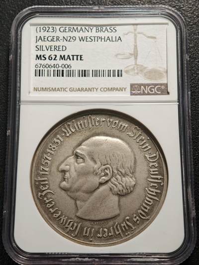 【德藏】世界币章拍卖第159期(元旦专场拍卖) - 稀少品种！1923年 德国德紧威斯特法伦马币双面人像章 NGC MS62M 磨砂质感 人物刻画传神