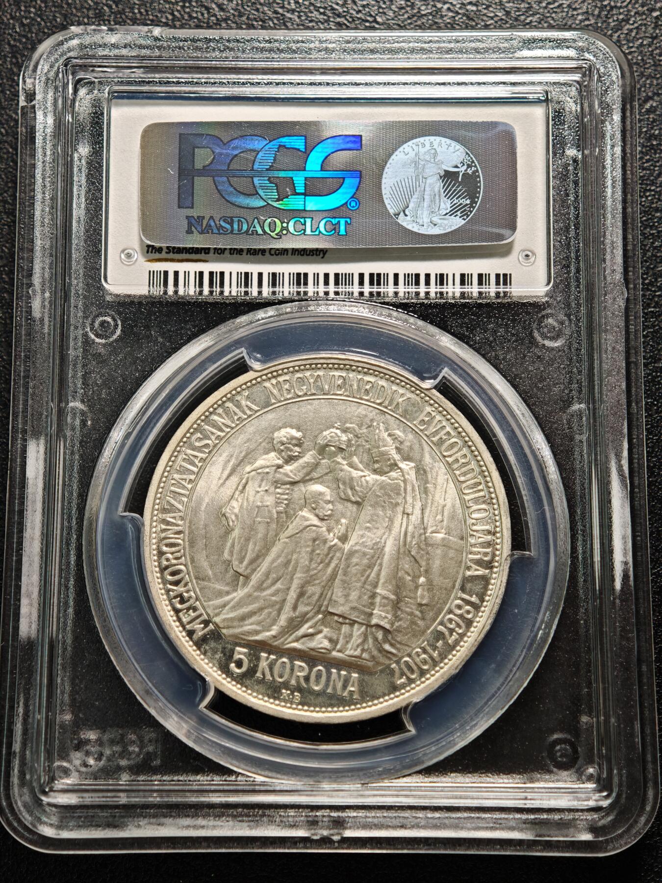 【德藏】世界币章拍卖第159期(元旦专场拍卖) 1907年 奥匈帝国弗朗茨•约瑟夫1世加冕5克朗精制银币 PCGS PR67CAM 原光犀利 转光十足