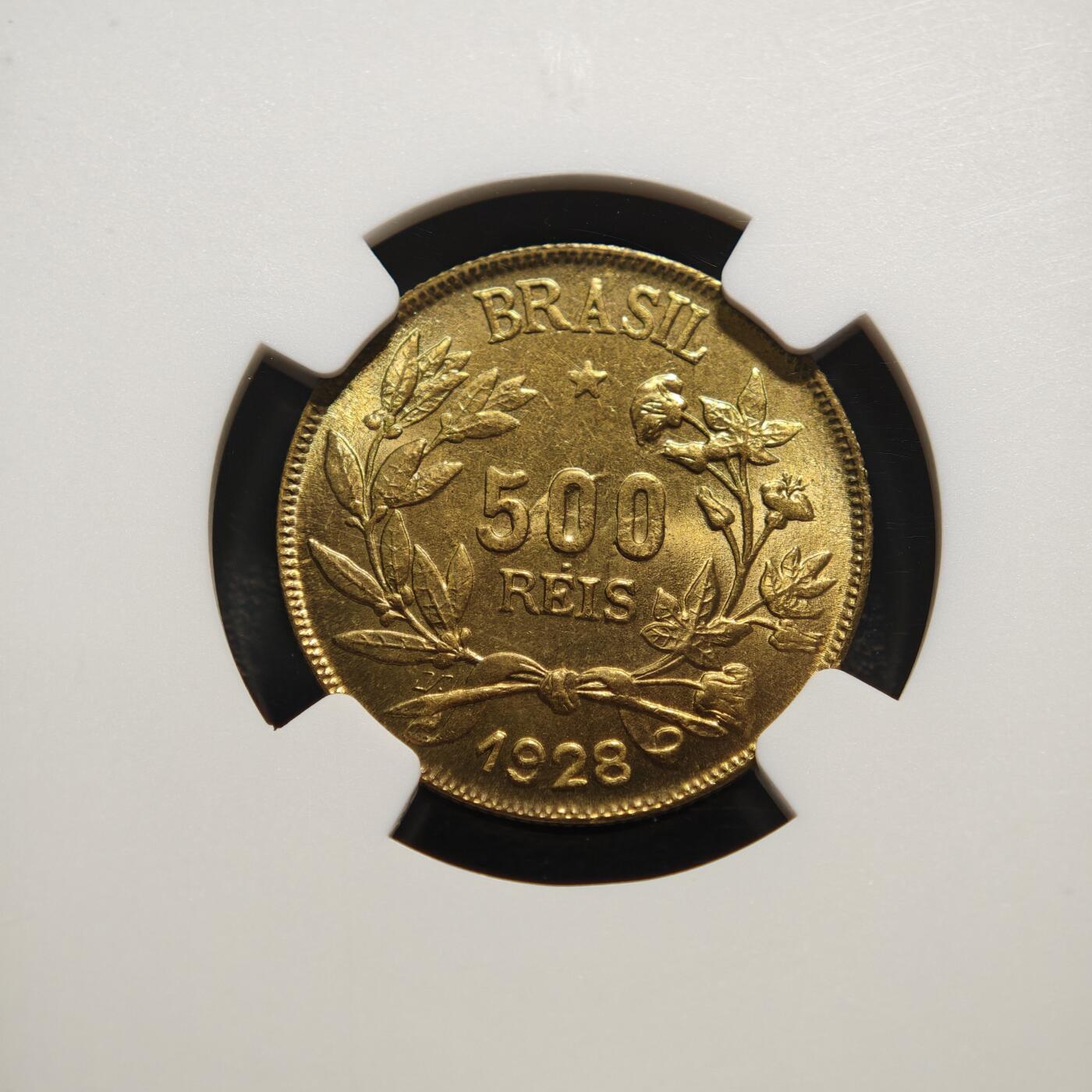 【德藏】世界币章拍卖第159期(元旦专场拍卖) 1928年 巴西500瑞斯铜币 NGC MS64 原光十足